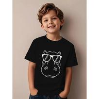 European sizes ' Cute Hippo with Glasses T-Shirt - Boys & Girls Summer Short Sleeve Top, Soft Round Neck Breathable White Tee with Hippopotamus Print 98cm juoda