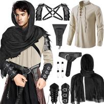 Viduramžiško stiliaus vyriškų marškinių ir aksesuarų rinkinys Cosplay kostiumas su peties šarvais, rankogaliais, gobtuvu ir diržu Renesanso mugėms, LARP S smėlis