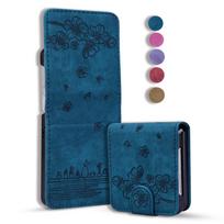 Applicable to Samsung Z Flip7 mobile phone leather case Z Flip5 folding mobile phone embossed cherry blossom cat card matte case samsung z flip3 mėlyna