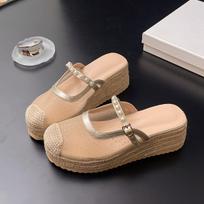 New Summer Style of Women's Flip-flops, New Chinese-style Thick-soled Pearl Toe Half-drag Straw Woven High-heeled Women's Shoes 35