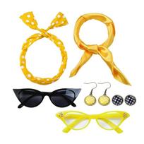 1950s Costume Accessories Set for Womens Chiffon Scarf Bandana Tie Headband Cats Eye Glasses Halloween 50s Costumes geltona