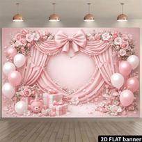2D Printed Backdrop with Pink Curtains, Large Bow, Flowers, Balloons and Teddy Bear 47.2x31.5inch/120*80cm