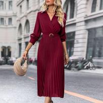 Madinga, elegantiška, klostuota laisvalaikio suknelė moteriška ilgomis rankovėmis V linijos kaklu Laisva žalia suknelė moteriška pavasario ir rudens paprastos biuro moteriškos suknelės 1310 XL tamsiai žalia spalva