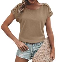 Women's Fashion New Round Neck Color Button Short Sleeve Top XL kava