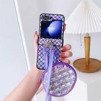 Applicable to Samsung ZFlip5 folding mobile phone case zflip4 rhombus leather pattern messenger change bag protective case foreign trade samsung zflip3 violetinė