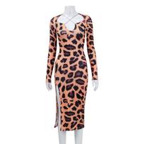 Women's Deep V-neck Long Sleeve Open Fanny Pack Hip Sexy Hot Fashion Leopard Print Sheath Dress S leopardo rašto spalva