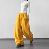 2026 Women's Autumn/Winter Casual High-Waisted Drawstring Sweatpants - Slimming Wide-Leg with Letter Print Yellow Extended