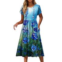 Women Floral Print Casual Loose Fit Midi Dress Short Sleeve Round Neck Pockets Summer Dress L