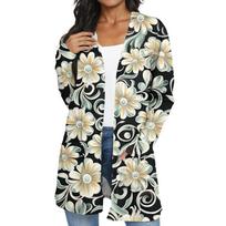 Women's Fashion Casual Floral Print Long Sleeve Mid Length Open Front Cardigan Sweater Lightweight Outerwear for Everyday Wear S