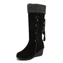 Women's Fashion Mid Calf Boots Large Size New Wedge Lace-Insulated Heel Straight Snow Boots Commuting Comfortable Trendy Boots 35