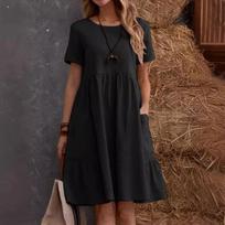 Women's Round Neck Short Sleeve Tiered Linen Midi Dress Loose Casual Pocket Swing Dress S
