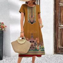 Elegant Women Short Sleeve Fashion 3d Print Midi Dress Plus Size Beach Clothing S