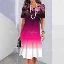Elegant Women Short Sleeve Fashion 3d Print Midi Dress Plus Size Beach Clothing S
