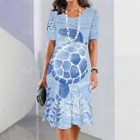 Elegant Women Short Sleeve Fashion 3d Print Midi Dress Plus Size Beach Clothing S
