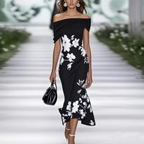 Women's Off Shoulder Short Sleeve Fitted Mid Waist Floral Print Midi Dress Party Dress S