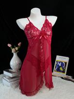Thin Style G-string Contrast Lace Ruffle Trim Lingerie Set Deep V Slip Dress Thing Women's Sexy Lingerie Lenceria Mujeres wine red 1XL vyno raudonos spalvos