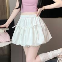 Bowknot Bubble Hem Midi Skirt Women's Summer High Waist Slimming A-Line Puff Short Skirt M