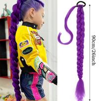 36 colių violetinės spalvos plaukų uodegos priauginimas vaikams Cosplay itin ilga pintų plaukų uodega su plaukų raiščiu tvarkingos apvyniojamos uodegos vaikų plaukų priedas 36inches