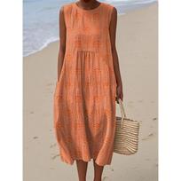 Women's Round Neck Sleeveless Embroidery Midi Dress Loose Fit Casual Summer Beach Sundress S