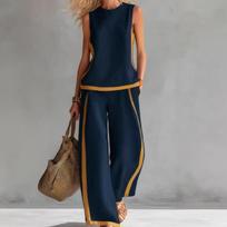 Color Block 2 Piece Outfit, Women Round Neck Sleeveless Tank Top & Wide Leg Pants Set S tamsiai mėlyna