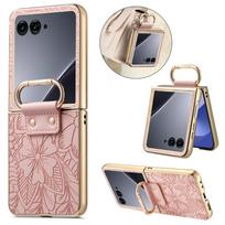 Embossed Flower Anti-Drop Phone Case For Motorola Razr 70 60 50 Ultra With Ring Buckle Electroplating Shockproof Protector Cover for Razr 70 Ultra rožinė