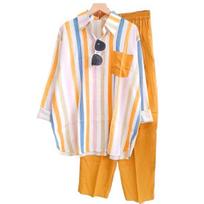2Pcs/Set Shirt Pants Set Long Sleeve Casual Trendy Elastic Waist Breathable Daily Garment Polyester Stripes Blouse Pants Suit Spring Clothes L geltona