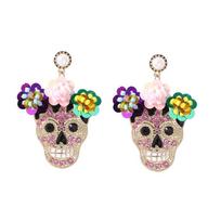 Rhinestone Zircon Encrusted Skull Earrings Flower Glitter Skeleton Stud Earrings  Women Style C