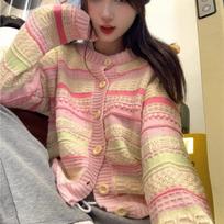 Sweet Dopamine Rainbow Stripes Loose and Slim Sweater Knitted Cardigan O Neck Versatile Long Sleeve Cardigan Sweater Female Coat One Size rožinė