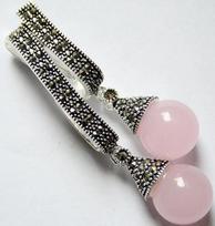 12mm Two Round pink jade 925 Sterling Silver Marcasite Pendant 58*20mm