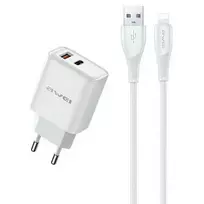 AWEI PD81L-EU travel charger | 22.5W | GaN | USB-A, Lightning | with included Lightning cable | white