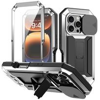 Built-in Glass Screen Protector for IPhone 16 15 14 Plus 13 Pro Max 16e Aluminum Metal Case Heavy Duty Shockproof Rugged Cover For iPhone 16 Pro Max&aluminum&Case & Strap sidabras