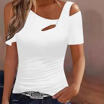 Balti trumpomis rankovėmis ažūriniai moteriški marškiniai Elegantiški laisvi T-shirt Madingi laisvalaikio aptempti viršutiniai drabužiai Off Shoulder moteriškas T-shirt Šventinio savaitgalio viršus S balta