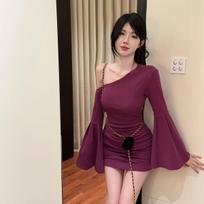 Autumn/Winter One-Shoulder Flare Sleeve Petite Slim Fit Dress: Spicy Girl Style Short Skirt Medium violetinė