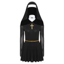 Womens Naughty Nun Cosplay Dress O Ring Halter Off Shoulder Mesh Long Sleeve Culottes Headscarf Set S juoda
