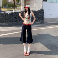 Fashion Summer Slim Micro Flare Vintage Raw Wash Denim Cropped Capri Pants With Red Contrast Stitching Versatile FigureFlattering Casual Bottoms XS