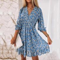 New Mid Length Dress Waist Pullover Bohemian Printed Short Sleeve Fragmented Flower Dress S