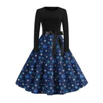 Women Christmas Print Flare Dress Long Sleeve O-Neck Dress Party Casual Dresses L