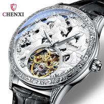 CHENXI Men Silver Fashion Design Horse Carve Watches Leather Strap Automatic Mechanical Watches Luxury Tourbillon Wristwatches sidabras