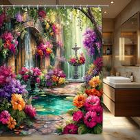 1 Piece Lush Garden Waterfall Shower Curtain-Stone Arch Colorful Flowers Bathroom Decorative Curtain 180x200cm 90x180cm