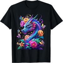 Watercolor Dragon Flowers Beautiful Art Colorful Graphic T-Shirt unisex T-Shirt L