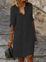 Loose Lapel Button Mid-Sleeve Solid Color Cotton Linen Shirt Dress 3XL