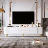Lemonbest Meuble TV 170 cm Moderne avec tiroirs et côtés ondulés Bords incurvés, Meuble tv bas avec poignées et Pieds dorés - Blanc