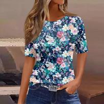 Women's Pleated Round Neck Floral Print Short Sleeve T-Shirt Slit Hem Top L mėlyna