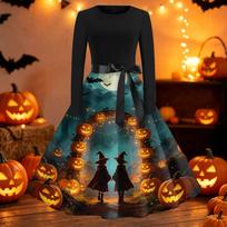 Women's Casual Fit and Flare Long Sleeve Dress Round Neck Halloween Print Tie Waist Full Skirt Dress L žalsvai mėlyna