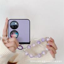 Applicable to Samsung ZFlip3 folding mobile phone case solid color leather pattern hand hanging chain back cover integrated zflip4 protective case huawei p50pocket/pocket s violetinė