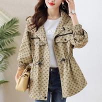 Loose Casual Trench Coat Long Womens Windbreaker Jacket Female Hooded Printing Outerwear Tops Spring Autumn New Womens Raincoat M chaki