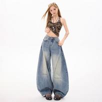Spring Summer Y2K 3D Cut Slub Saber Cut Denim Pants For Women Casual Pants Oversize Denim Trousers XS