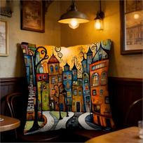 Whimsical Colorful Cityscape Pillow Cover Cartoon Fairy Tale Town Print Cushion Case For Sofa Couch Boho Eclectic Home Decor Peach skin 18*18(CM)-1Pcs orange