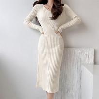 Korėjos mados rudens žiemos moterų mezgimo suknelė su V kakleliu Bodycon Abrikoso juoda chaki megzta moteriška megztinė suknelė One Size chaki