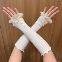 Sunscreen Lace Bow Warm Ruffle Arm Sleeves For Women Sweet Cuff Elbow Fingerless Long Sleeves Costume Accessories beige